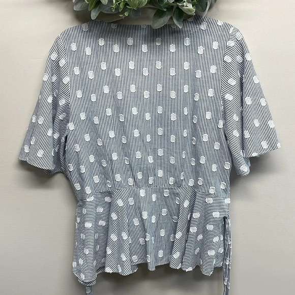 LOFT Blue White Striped Dot Flutter Sleeve Wrap Blouse LP - Picture 3 of 12